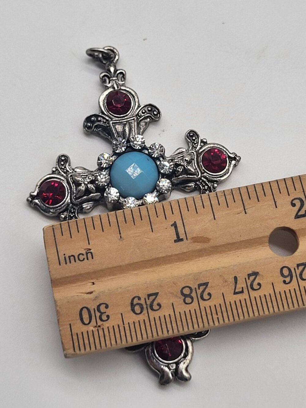 Silver Tone Cross Pendant Red Blue Clear Decorated Religious Spiritual Ornate - Picture 5 of 5